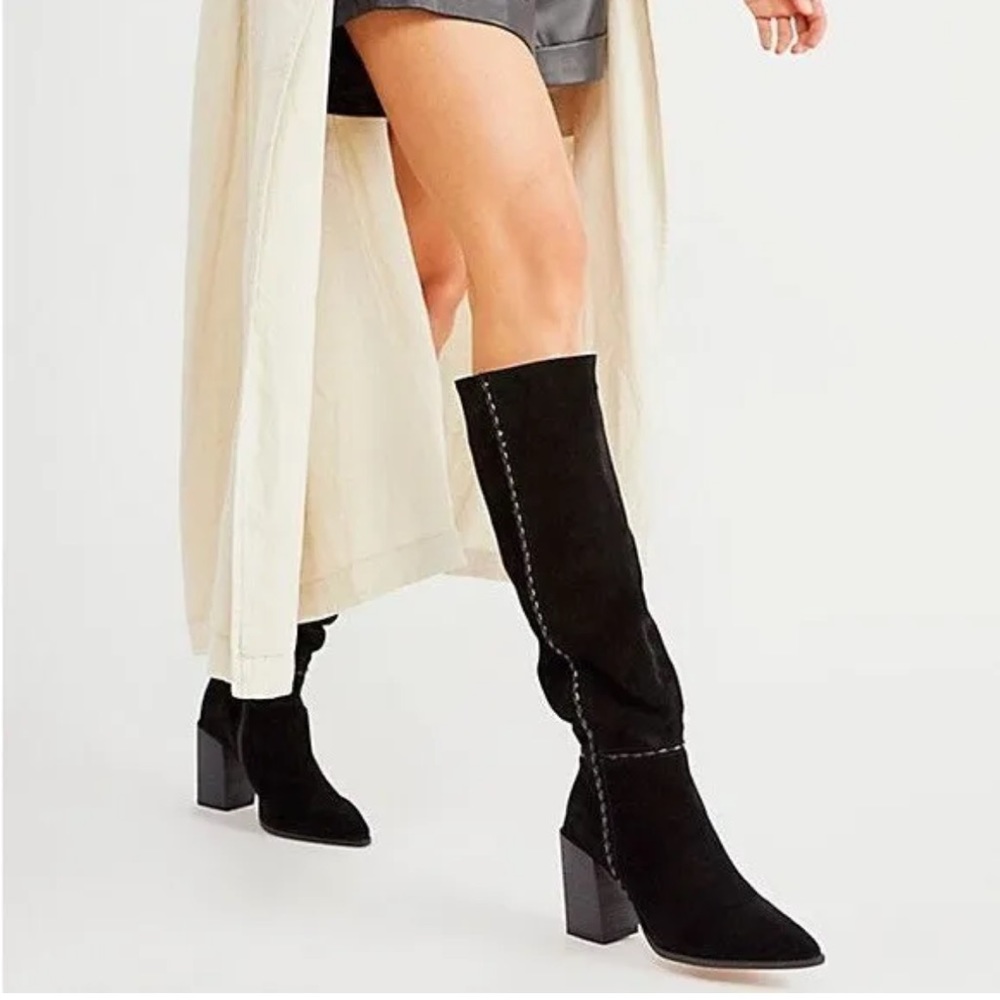 Free People Riley Whipstitch Suede And Leather Tall Black Boots